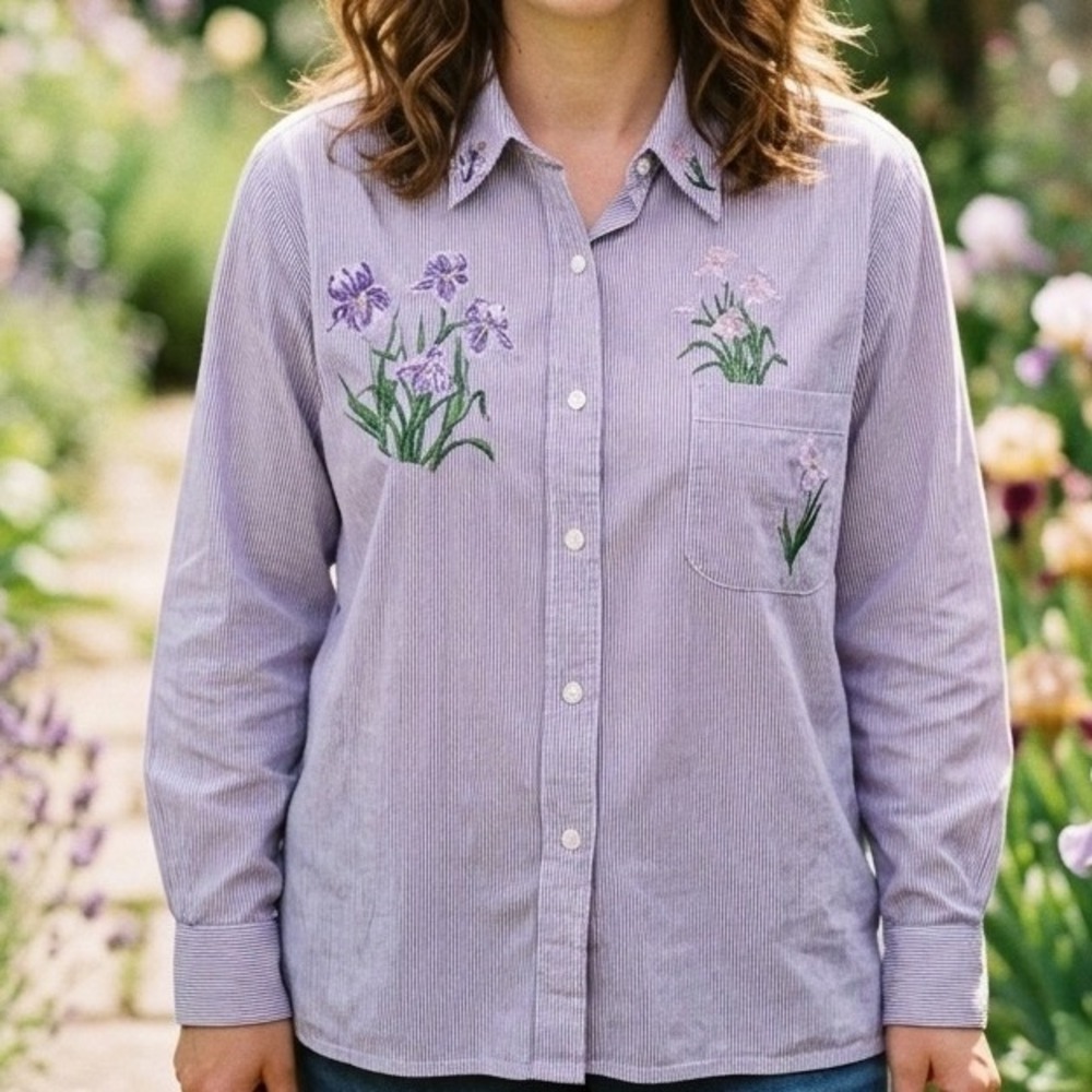Vtg Gunit Fashions Purple Pinstripe Embroidered Iris Cotton Button L Cottagecore